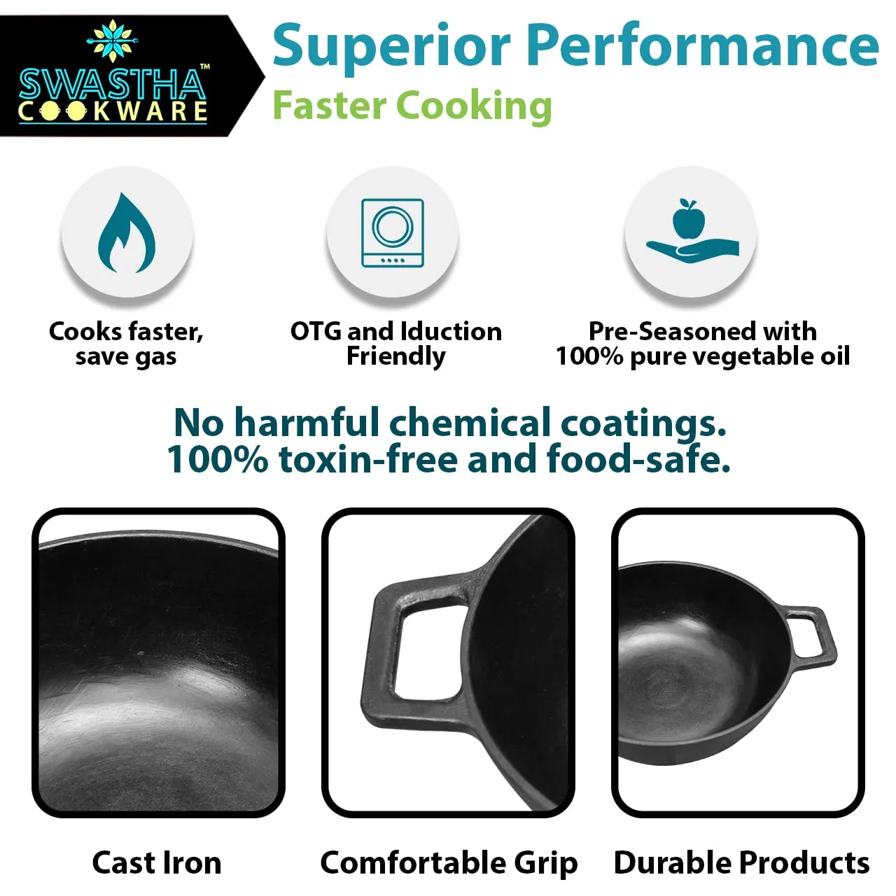 11" Large Cast Iron Kadhai | Pre-Seasoned With Oil | Ready Use | Healthy Cooking