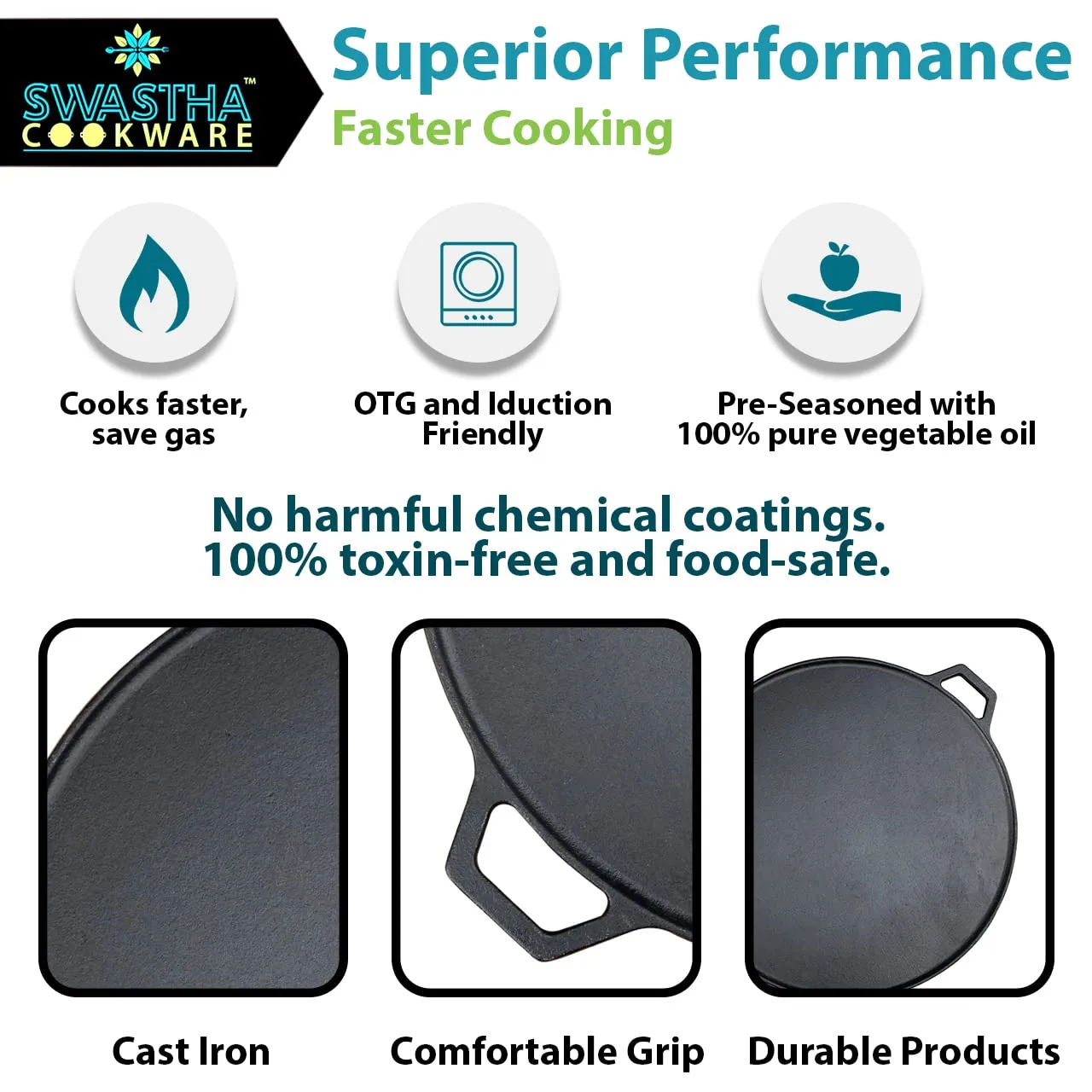 12.5" Cast Iron Dosa Tawa | Pre-Seasoned | Cooks Faster | OTG & Induction Friendly