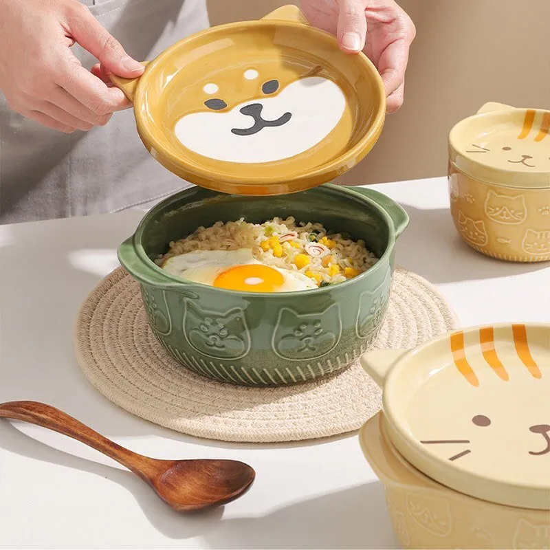 Cute Ceramic Cat Dog Noodle Bowls with Lid