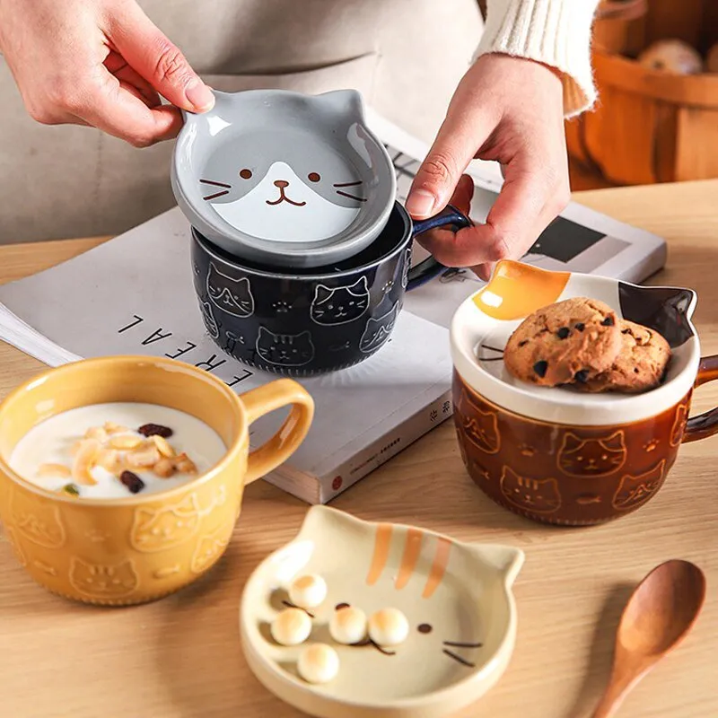 Cute Ceramic Cat Dog Noodle Bowls with Lid