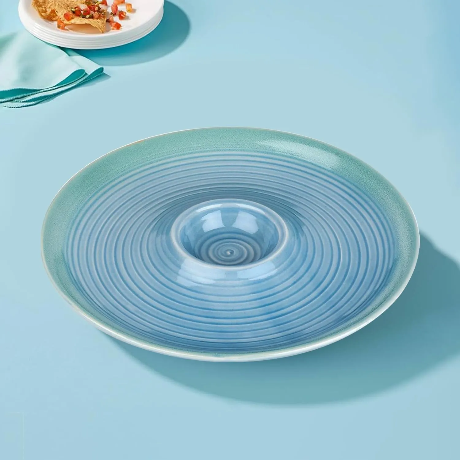 Ekhasa Ceramic Serving Chip and Dip Platter | Snacks Plates | Designer Appetizer Serve Ware Platters | French Fries, Pasta, Chips, Momos Plate with Chutney Bowl (Round, Blue, 10 inch)