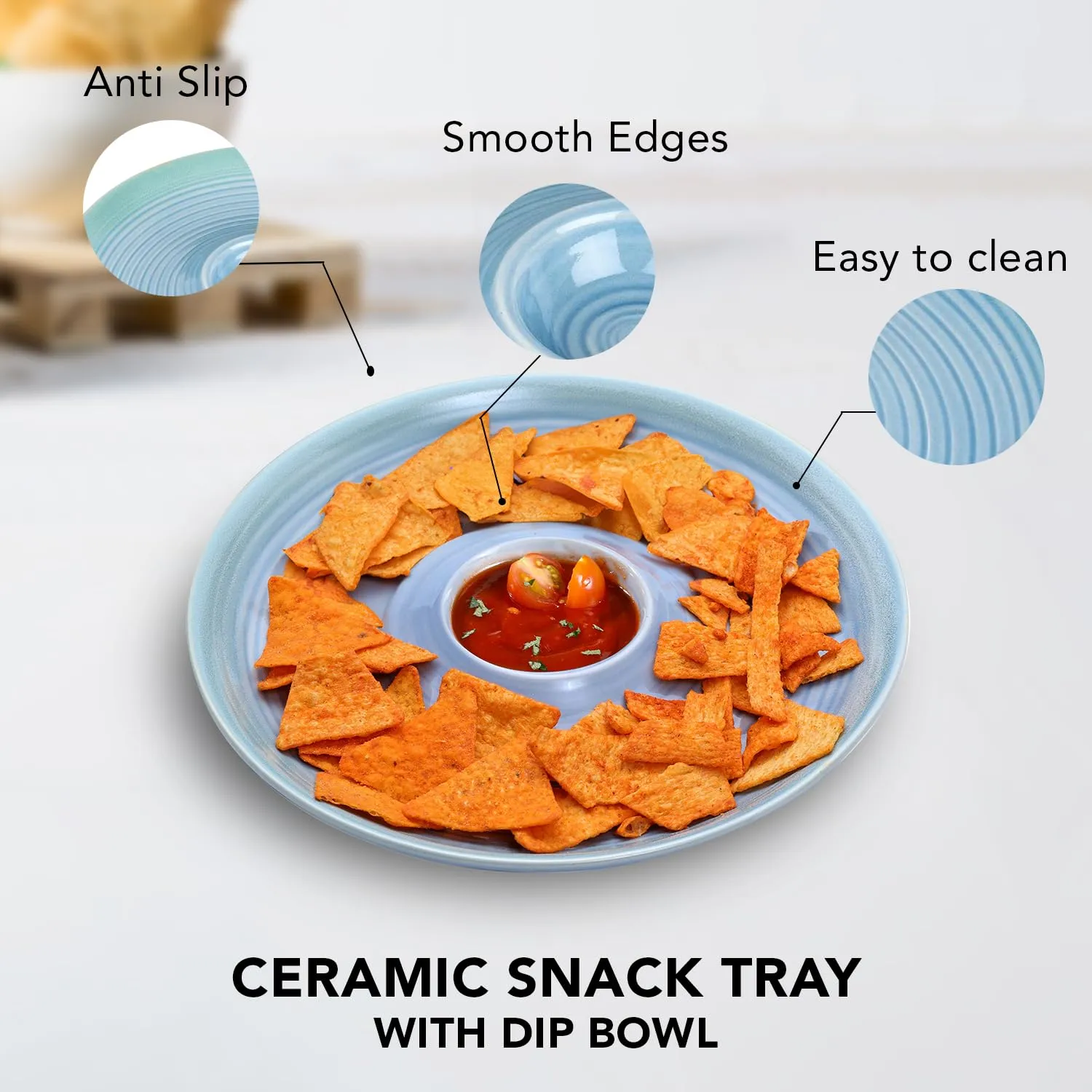 Ekhasa Ceramic Serving Chip and Dip Platter | Snacks Plates | Designer Appetizer Serve Ware Platters | French Fries, Pasta, Chips, Momos Plate with Chutney Bowl (Round, Blue, 10 inch)