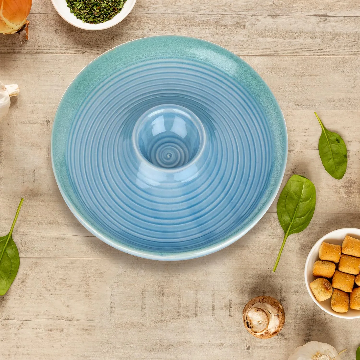 Ekhasa Ceramic Serving Chip and Dip Platter | Snacks Plates | Designer Appetizer Serve Ware Platters | French Fries, Pasta, Chips, Momos Plate with Chutney Bowl (Round, Blue, 10 inch)
