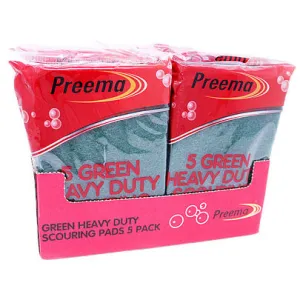 Preema Heavy Duty Green Scouring Pads 5 Pack - Case of 10