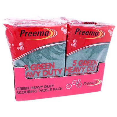 Preema Heavy Duty Green Scouring Pads 5 Pack - Case of 10