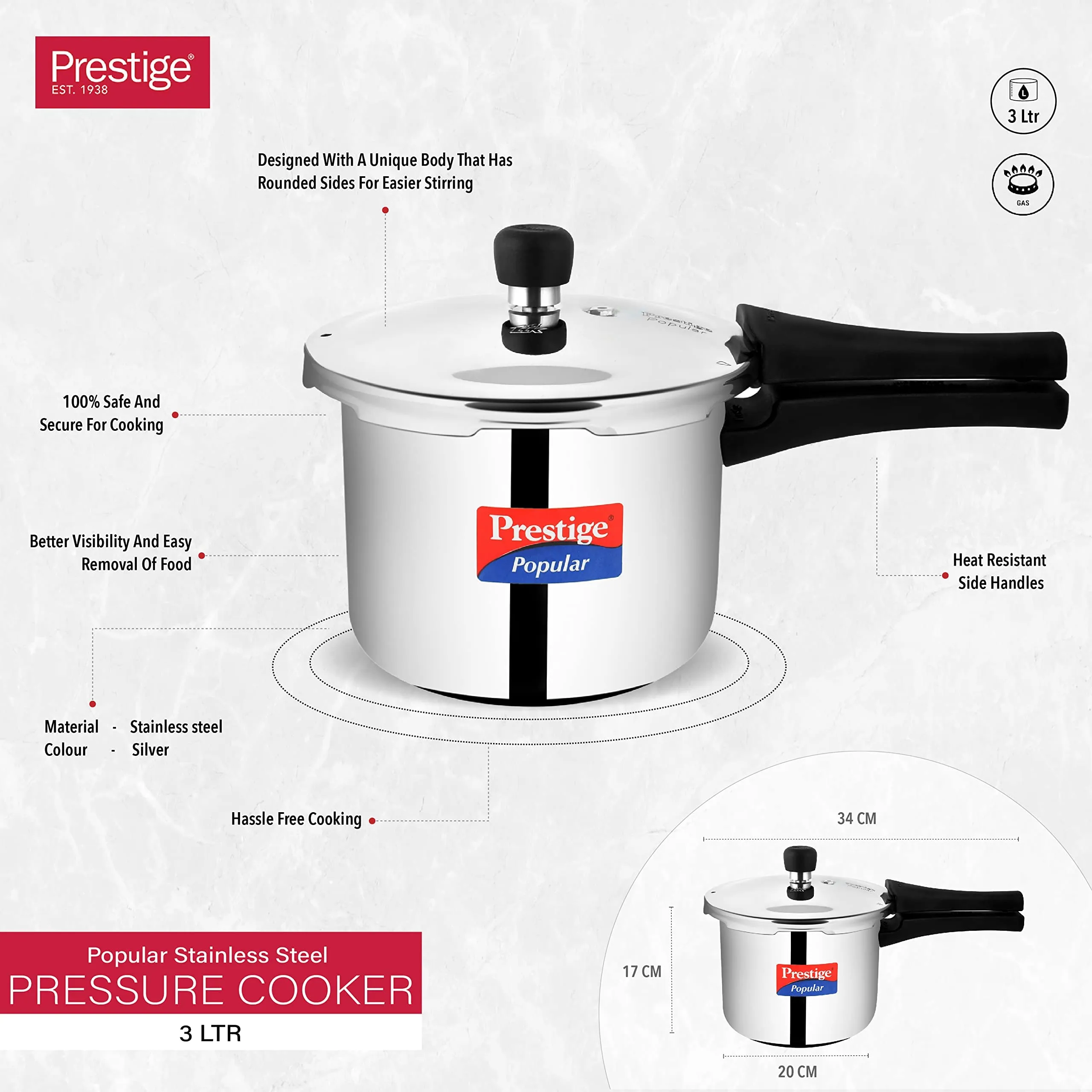Prestige Popular Stainless Steel Outer Lid Pressure Cooker, 3 Litres, Silver